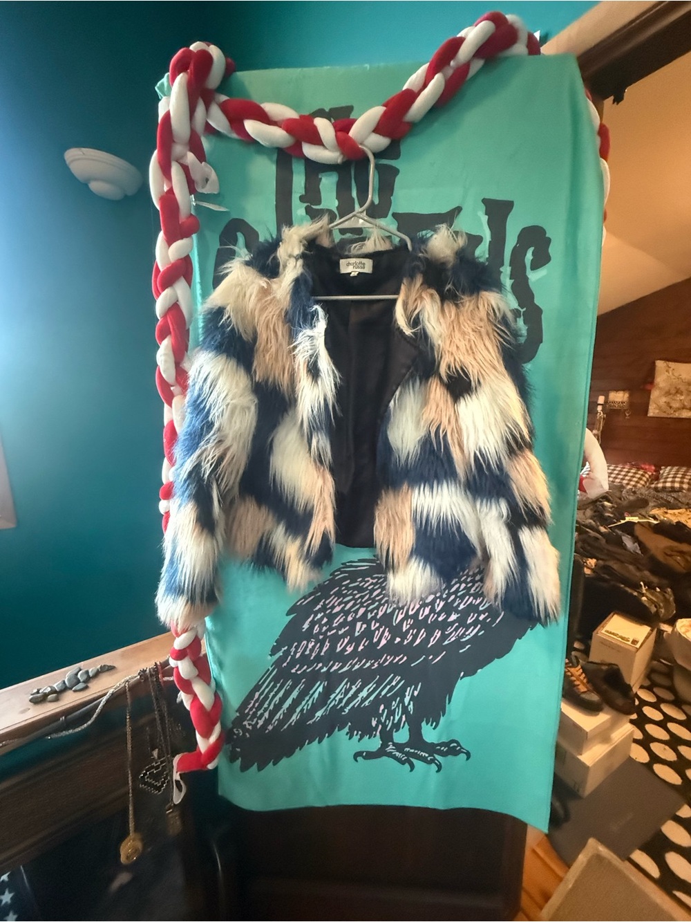 Charlotte Russe Faux Fur Colorblock Jacket - Navy, Cream & Blush
